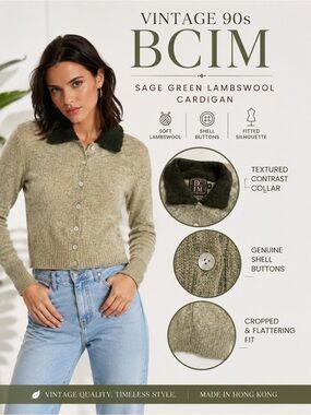 Vintage 90s BCIM Bedo Sage Green Lambswool Cardigan Collared Button Up Knit S